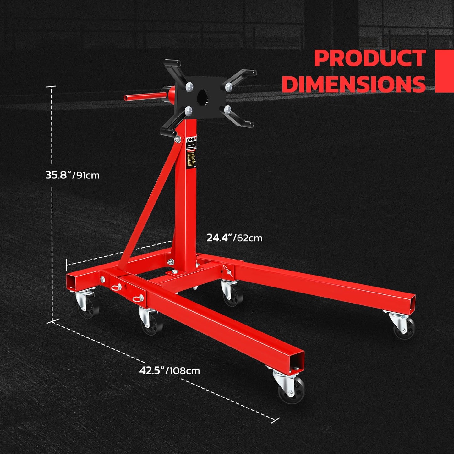 DNA Motoring Foldable 360 Degree Rotating Head Engine Motor Stand 2000Lb Capacity with 6-Casters, 4 Adjustable Arms, Red, TOOLS-00325