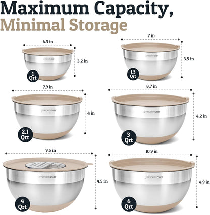 Priority Chef 6-Piece Stainless Steel Mixing Bowls Set - Non-Slip Bases & Airtight Lids | Khaki