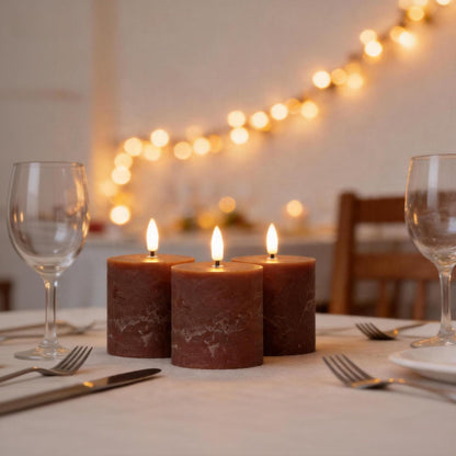 Brown Flameless Pillar Candles with Remote, Real Wax LED Candles Set of 3 (3x3Inch), 3D Flickering Flame, Battery Operated Candles with Timer for Home Decor, Table Centerpiece, Farmhouse Fall Decor