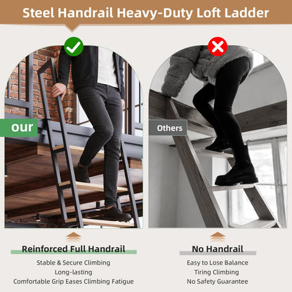 9.35FT Industrial Style Loft Ladder, 7 Steps with Black Steel Handrails & Solid Wood Steps, 450lbs Capacity, Fits 7.2-8FT Installation Height, for Attic, Kitchen, Warehouse, Bookshelf& Outdoor