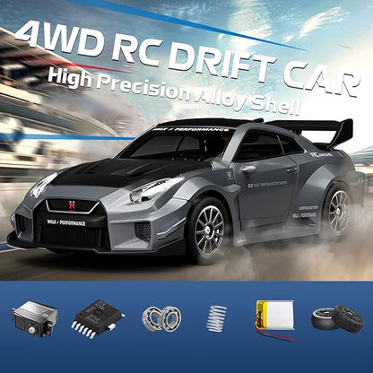 1/43 Scale RC Drift Car Mini GTR35 RC Model Car 2.4GHz 4WD RC Alloy Vehicles with Gyro &amp LED Lights for Adults Hobby Toys (Black)
