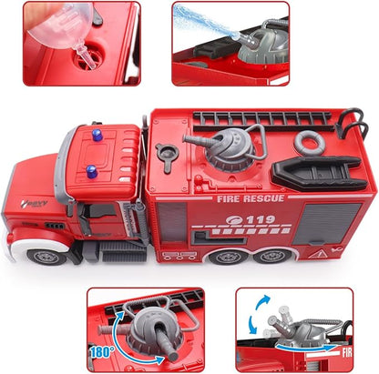 RC Fire Truck Toy - Remote Control Toy Fire Truck - Rescue Fire Engine 11 CH with Rotating Water Spraying Pump Lights Sounds 2.4G Firetruck Toy for Kids Boys