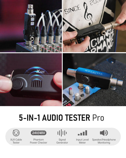 Xvive AT-2 Audio Tester Pro, 5-in-1 Signal Generator (1kHz Tone & Pink Noise), XLR Cable Tester, 48V Phantom Power Checker, XLR Input Meter, Headphone/Built-in Speaker Monitor, USB-C Rechargeable