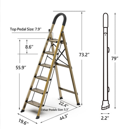 GameGem Lightweight Aluminum 6 Step Ladder for 12 Feet High Ceiling, Folding Step Stool Stepladders with Anti-Slip and Wide Pedal for Home and Kitchen Use Space Saving (Brown Gold)