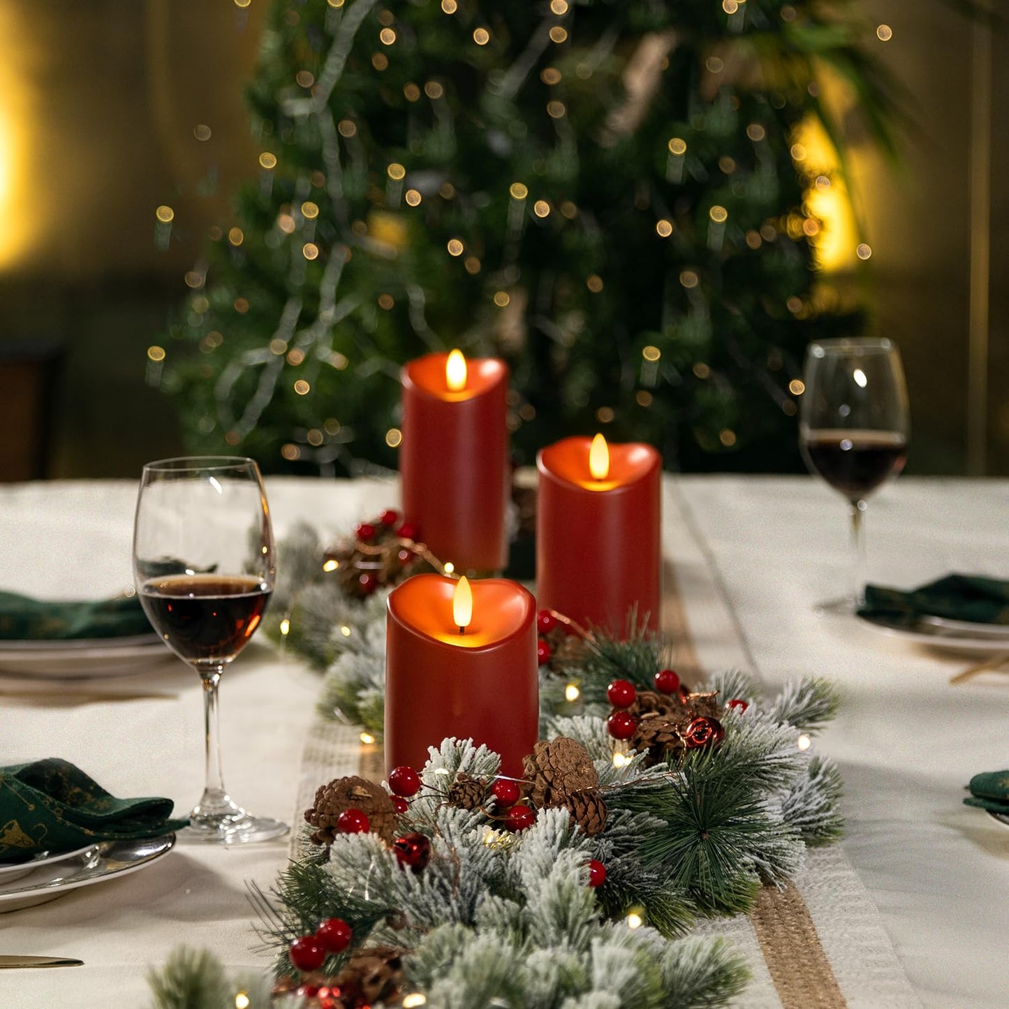 Homemory Burgundy Flameless Candles, Waterproof Flickering Flameless Candles, Outdoor Battery Operated LED Pillar Candles with Remote Timer, Electric Fake Plastic Candles, D3 x H4 5" 6", Red, 3 Pack