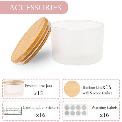 CONNOO 15 Pack 4 OZ Frosted Glass Candle Jars with Airtight Bamboo Lids for Making Candles, Bulk Small Wide Mouth Empty Candle Containers with Sticky Warning Labels - Dishwasher Safe