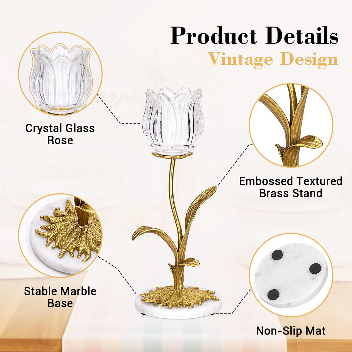 Anpdasi Candle Holder, Cut Rose Shaped Brass Candle Holder High-end Light Luxury Creative Art Crystal Glass Flower Candle Sticks Holder Decor Marble Disc Base Romantic Ambiance Table Decoration