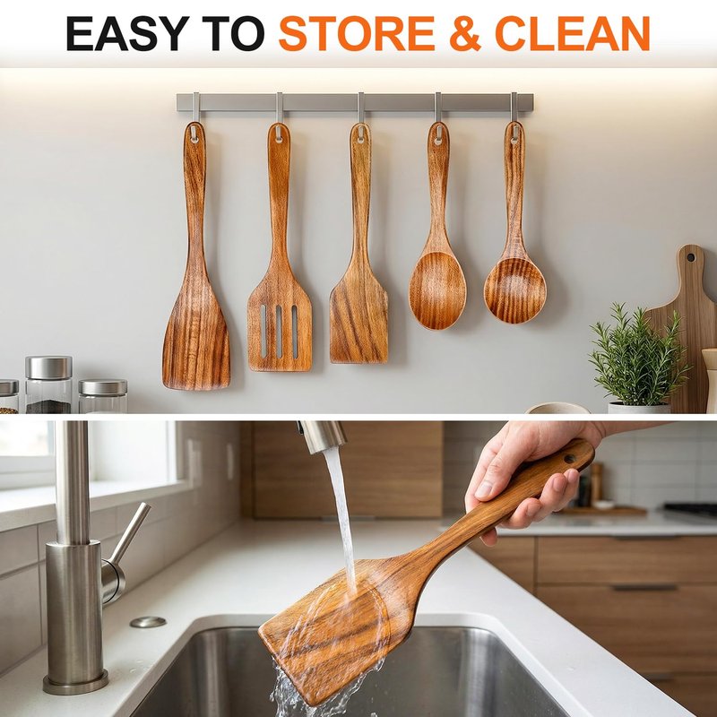 5 Pcs Best Wooden Spoons for Cooking Kitchen Utensils Set Acacia Wood Cooking Spatula Turner Non Toxic Utensil Slotted Serving Spoon Flat Spatulas Set Wooden Utensis Mixing Cooking Spoon Kitchen Tools