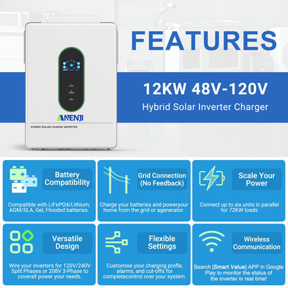 Aninerel 12000W Solar Hybrid Inverter 48V DC to 120V/240V AC Single Phase Split Phase Power Inverter, Pure Sine Wave, Built-in 2 MPPT Controller, Max. 220A Battery Charging, Parallel 6 Units, UL1741