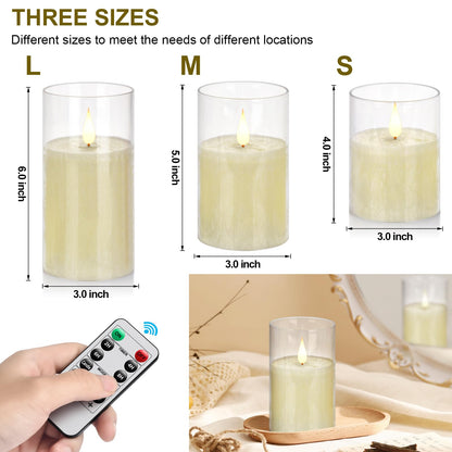 Flameless Flickering Remote Control Candle, Glass Pillar Candle,3 Pack (D:3"×H:4" 5" 6") LED 3D Flame Romantic Candle,Battery Operated Real Wax, Ideal for Wedding, Home Decor Holiday (Ivory)