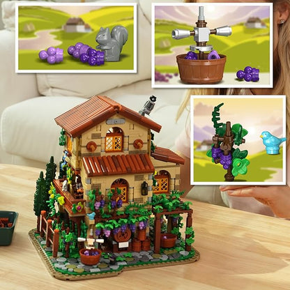 Winery Chateau House Building Set with Lights Vineyard Castle Construction Model Home Decor 1826 PCS Vine Estate Autumn Cabin Building Block Kit Birthday Gift for Adults Teens Boys Girls