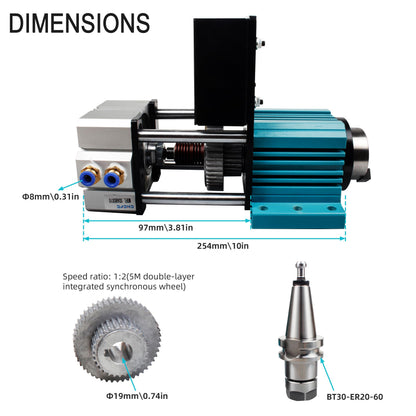 XUNKUNER BT30 Pneumatic Auto-Switching Spindle, 5000RPM Non-Powered Motor with Cylinder Assembly, 7075 Aluminum Alloy CNC Spindle for Drilling, Tapping, Milling, Metal Heavy Cutting