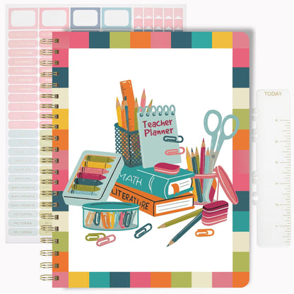 Undated Teacher Planner 8.5 x 11-12 Months & 52 Weeks | Colorful School Supplies Cover | Monthly & Weekly Lesson Plan Book with Stickers, Storage Pocket & Snap-In Bookmark | Classroom Organizer