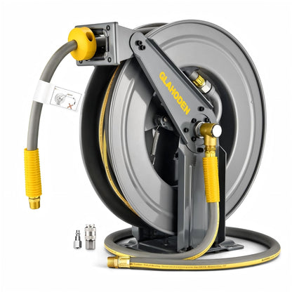 GLAHODEN Double Arm Retractable Air Hose Reel, 3/8 in × 65 ft Hybrid Hose Heavy Duty Steel Professional Air Compressor Hose Reel with 5 ft Lead in Max 300PSI Auto Rewind Quick Coupler Swivel Fitting