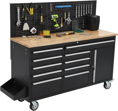 GarveeLife 61-Inch Rolling Tool Chest with 10 Drawers Garage Workbench, Solid Rubberwood Top, Storage Cabinet with Wheel Lock and Key Lock for Workshop, Garage, Kitchen and Home