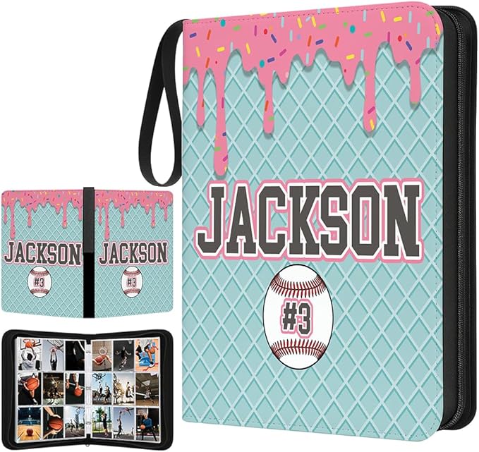 Personalized Ice Cream Drip Baseball Card Binder with Name &amp Number – Zipper Trading Card Album with Handle – Collector Case for Players &amp Fans (Ice Cream Drip Art #7)