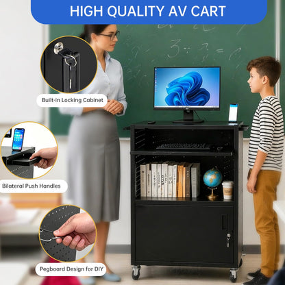 Upgraded AV Cart with Power Strip, Mobile Media Workstation with Pegboard & 12 Hooks, Locking Cabinet, Pull-Out Keyboard Tray, Rolling Computer Cart, Utility Trolley (40" x 18" x 31.5")