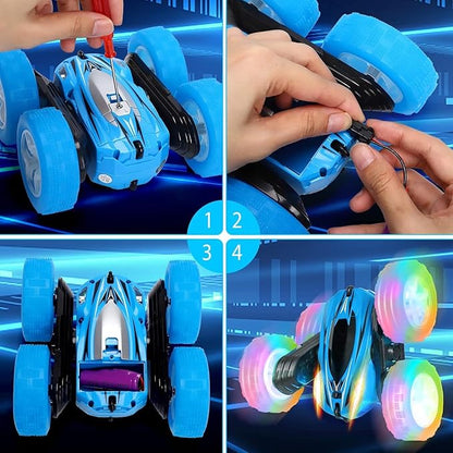 lumiparty 4Pack Remote Control Car Toys for Kids 2.4GHz RC Stunt Cars with Wheel Lights Drift High Speed 4WD Off Road Double Sided 360° Rotating Cars for Boys Girls.