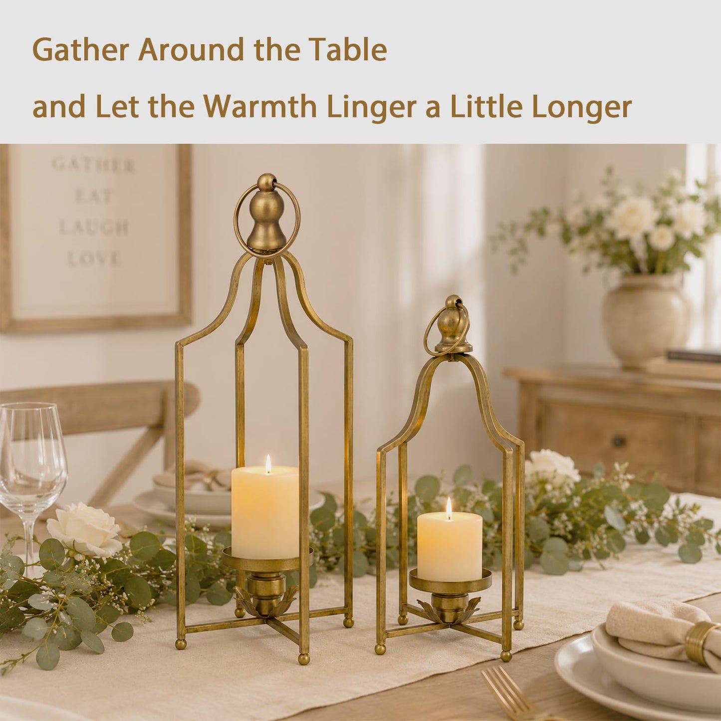 12.5" & 16.5" Timeless Cozy Decorative Lanterns Set of 2, Handcrafted Metal Iron Candle Holders, Farmhouse Elegance Fireplace Mantel Table Festive Gatherings Decor (Antique Gold)