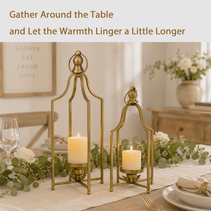 12.5" & 16.5" Timeless Cozy Decorative Lanterns Set of 2, Handcrafted Metal Iron Candle Holders, Farmhouse Elegance Fireplace Mantel Table Festive Gatherings Decor (Antique Gold)