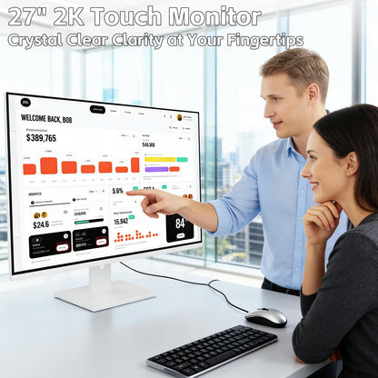 Pisichen Touchscreen Monitor 2K 27 Inch IPS Gaming 100Hz, 10-Point Touch QHD 2560x1440 PC Display, HDMI VGA USBC Computer Monitor, Built-in Speakers, White