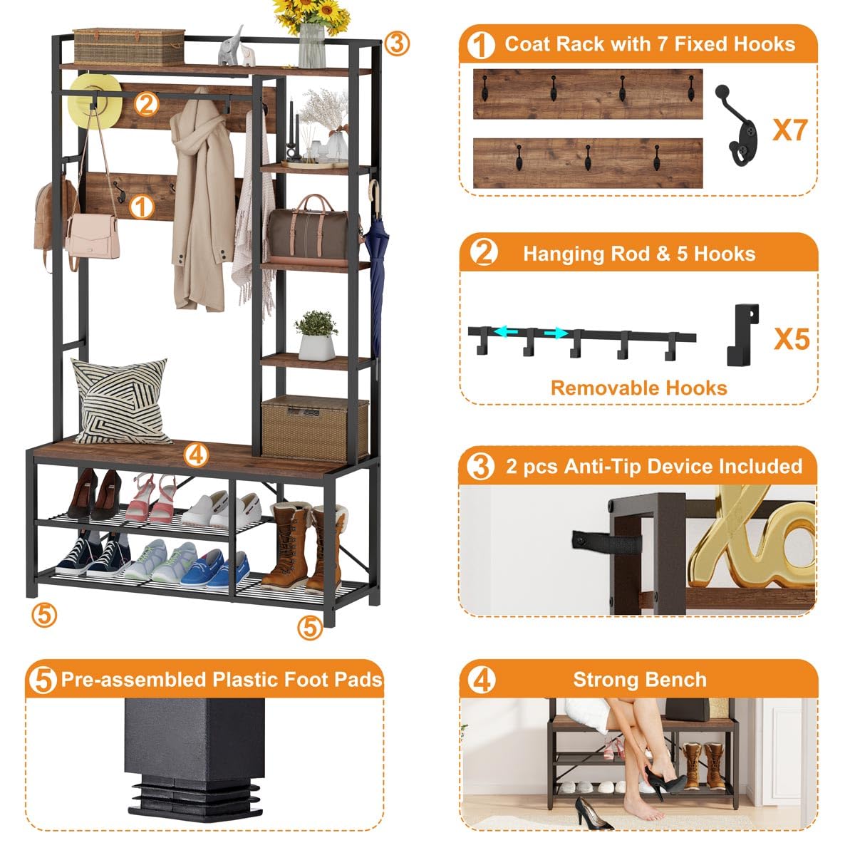 BON AUGURE Hall Tree with Shoe Storage, 5-in-1 Reversible Entryway Bench with 4 Tier Rustic Ladder Bookshelf, Standing Leaning Book Shelves for Living Room (Rustic Oak)
