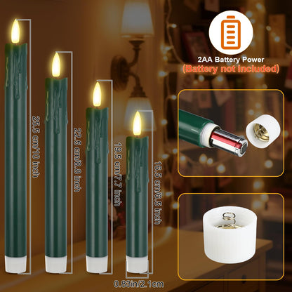 Macarrie 24 Pcs Green Flameless Taper Candles LED Battery Operated 6.5'', 7.7'', 8.8'', 10'' 3D Flickering Flame Candlesticks Drip Wax Shaped Candles for Wedding Birthday Party Decor