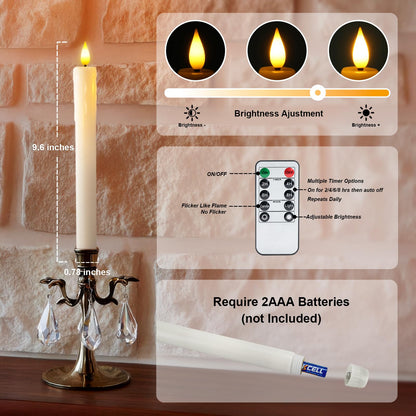 Homemory 12 Pcs Real Wax Flameless Taper Candles with Remote Timer and Dimmer, Battery Operated Candlesticks with Flickering Light, White Window Candles, 9.6 Inches for for Wedding Home Decor
