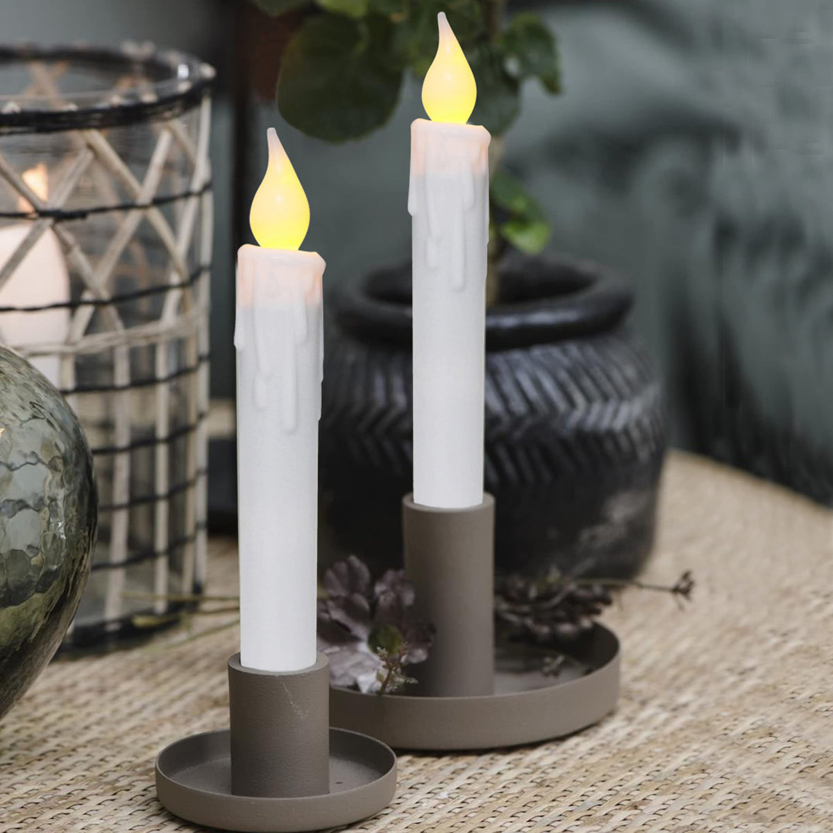 CVHOMEDECO. Flickering Taper Candles LED Drip Flameless Candles, Battery Operated with Timer, White, 6-3/4 Inch, Set of 4