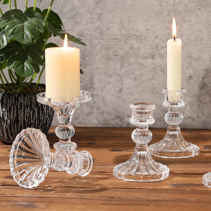 6 Pcs Clear Glass Taper Candle Holders – 4" Ribbed Candlestick Holders for Standard Candles | Elegant Centerpiece for Wedding, Party, Holiday & Home Decor