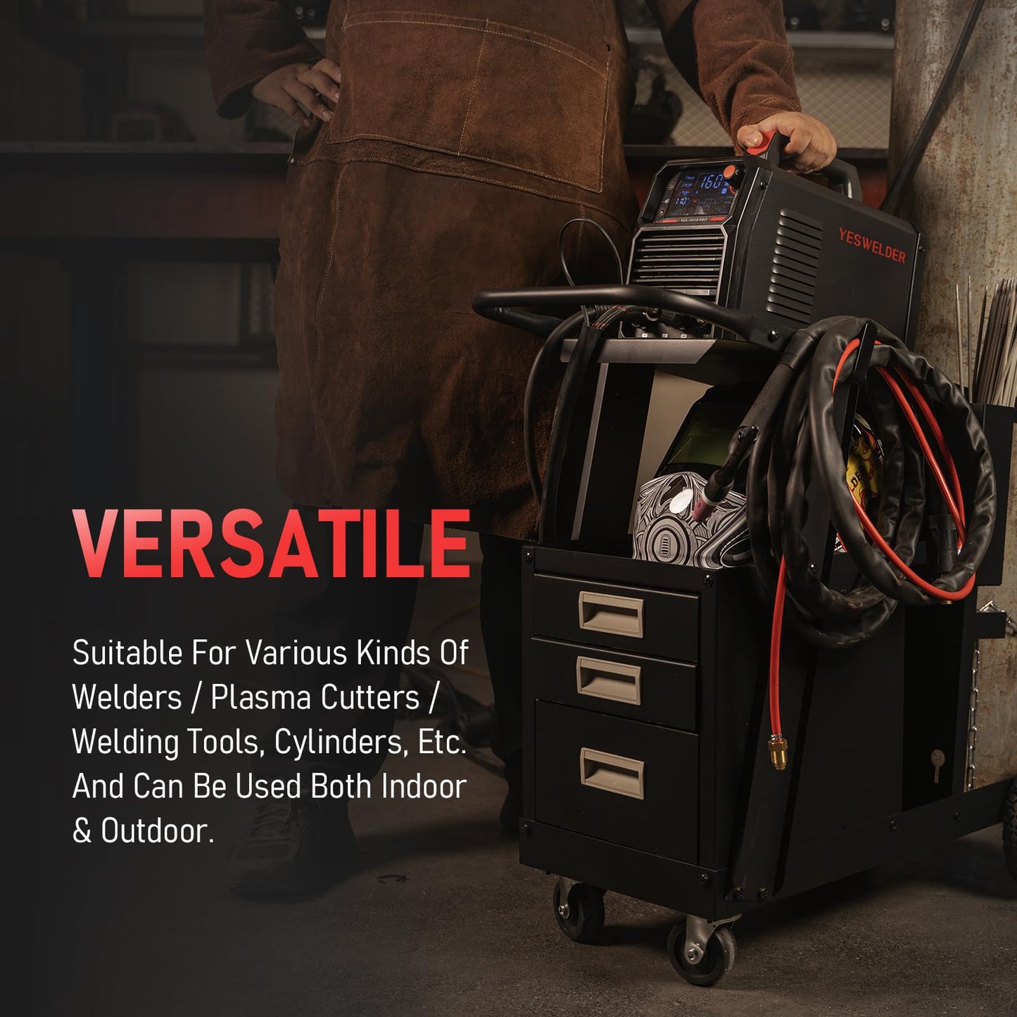 YESWELDER Welding Cart with 3 Drawers for MIG Welder TIG Welder and Plasma Cutter, Heavy Duty Large Storage 360° Rolling Welding Trolley