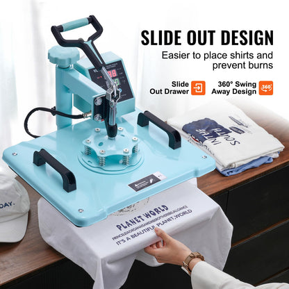 VEVOR Heat Press Machine, 12 x 15 inch, 5 in 1 Heat Transfer Machine with 30 oz Tumbler Press, 360° Swing Away T-Shirt Pressing, Digital Precise Control, for T-Shirts/Mugs/Hats/Plates, Green
