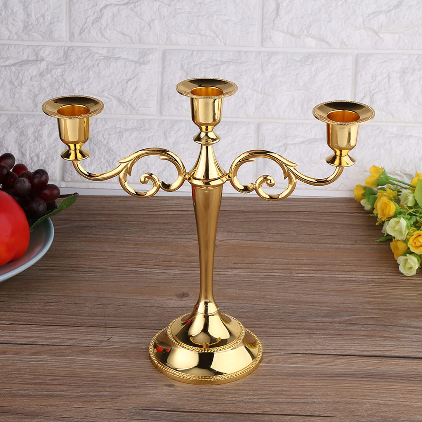 3 Arms Metal Candle Holder, European Style Candelabra for Wedding and Home Decor, Exotic Retro 3 Branches Candlestick with Gold and Silver Finish for Candlelight Dinner (Gold)