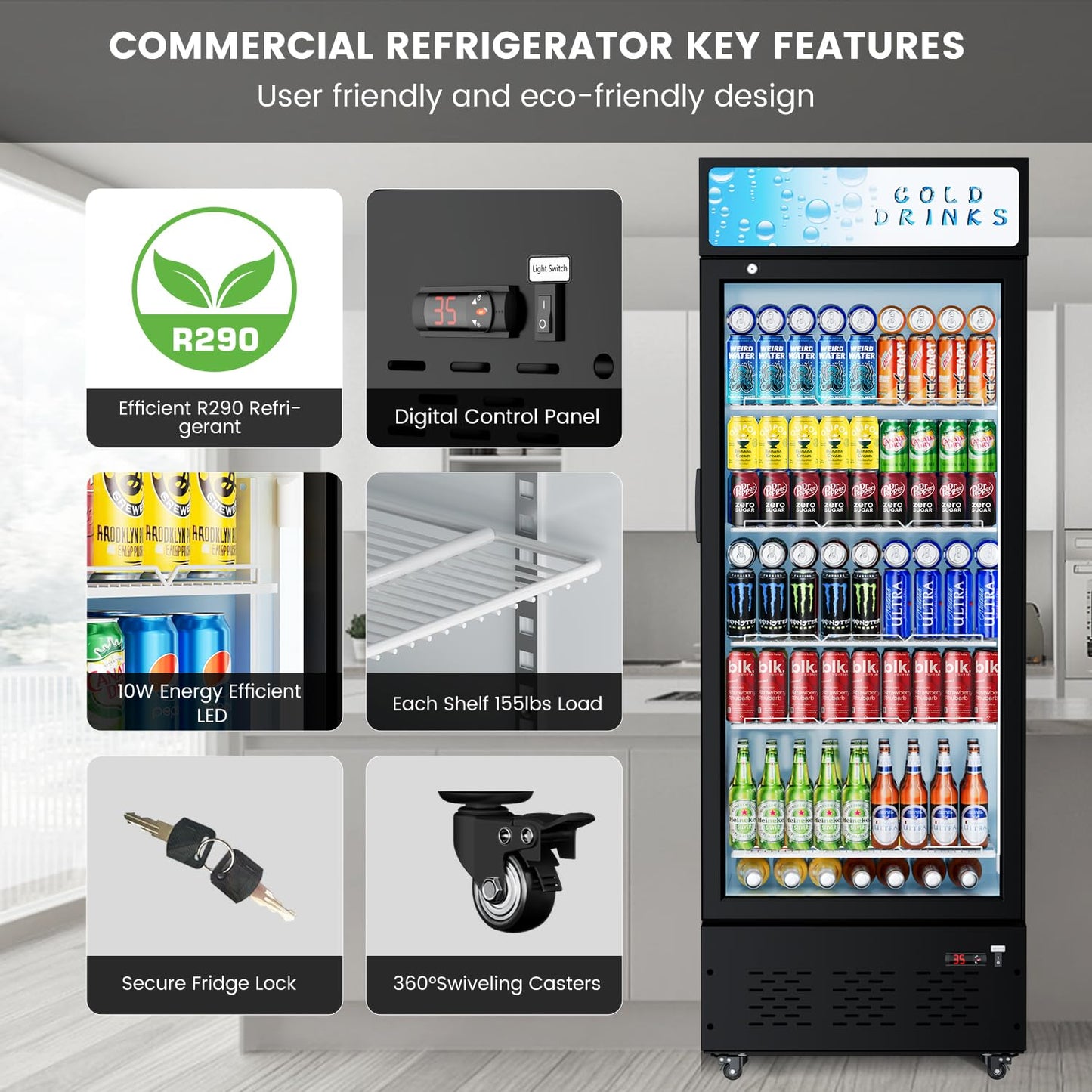 Ferueo Commercial Beverage Refrigerator, 15 Cu.ft.Display Fridge Glass Door Upright Display Door with Adjustable Shelves LED Light for Restaurant,Grocery Stores,Office