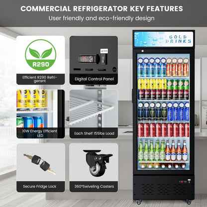 Ferueo Commercial Beverage Refrigerator, 15 Cu.ft.Display Fridge Glass Door Upright Display Door with Adjustable Shelves LED Light for Restaurant,Grocery Stores,Office