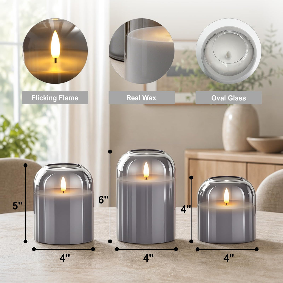 ARIKJ Grey Glass Flameless Candles with Remote and Timer, Realistic Flickering 3D Wick Battery Operated LED Pillar Candles, Modern Moody Gothic Aesthetic Decor for Fireplace Mantel Shelf Table
