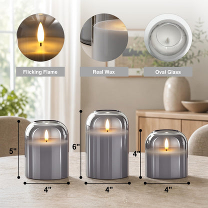 ARIKJ Grey Glass Flameless Candles with Remote and Timer, Realistic Flickering 3D Wick Battery Operated LED Pillar Candles, Modern Moody Gothic Aesthetic Decor for Fireplace Mantel Shelf Table