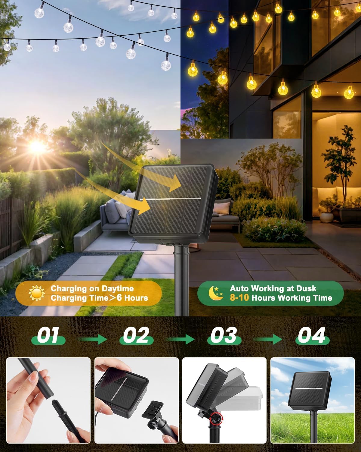 Solar String Lights Outdoor Waterproof, 2 Pack 60 LED 36.5 FT Each, Solar Powered Patio Lights with 8 Lighting Modes for Garden Yard Porch Wedding Party Decor (Warm White)