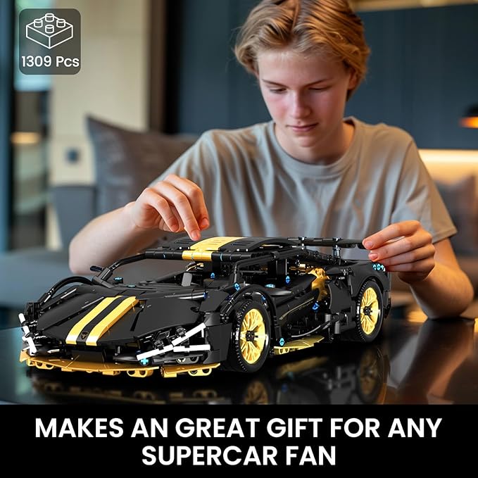 GEVINST Collectible Sports Race Cars Building Set Model Car Kits for Boys 8-12 and up Adults 1:14 Scale Black Gold Supercar Gifts (1309 PCS)