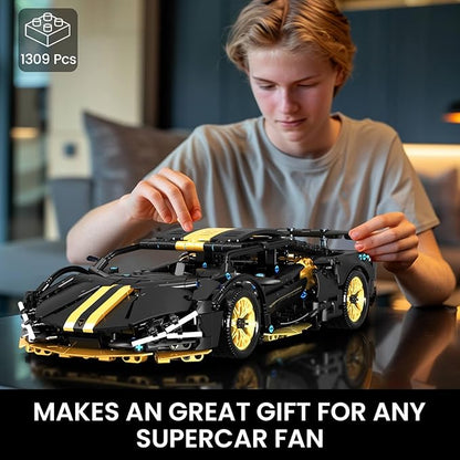 GEVINST Collectible Sports Race Cars Building Set RC Remote Control APP Car Model Kits with LED Lights for Boys 8-12 and up Adults 1:14 Scale Black Gold Supercar Gifts (1309 PCS)