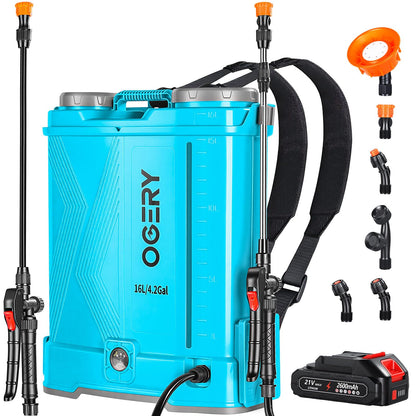 OGERY Battery Powered Backpack Sprayer 4 Gallon, 2.6Ah 21V Battery Electric Pump Sprayer with 6 Nozzles, Telescopic Stainless Steel + Plastic Wand for Lawn Garden Weed Yard Cleaning (Charger Included)