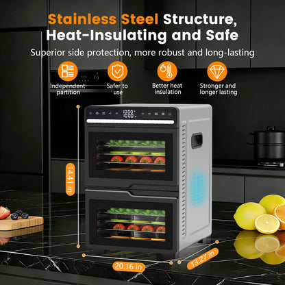 Dual Chamber Food Dehydrator, 12 Stainless Steel Trays, 1100W, Independent Temperature & Time Control for Two Chambers, Flavor Separation Perfect for Jerky, Fruit, Vegetables, Pet Treats