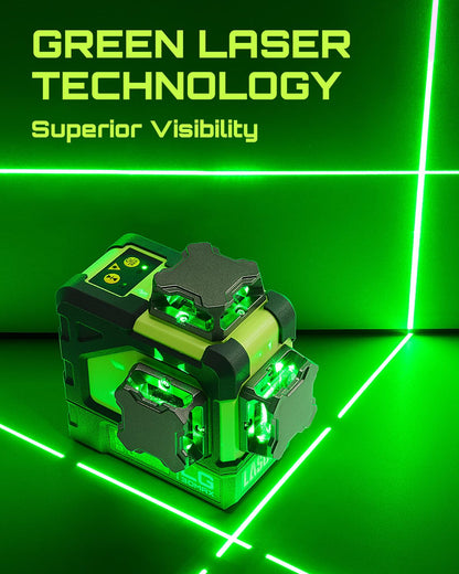 LasGoo LG-3DMAX 3x360° Green Laser Level, 3D Self-Leveling Cross Line Laser with 2 Rechargeable Lithium Batteries, Fine-Tuning Bracket Adapter, Green Laser Enhancement Glasses, and Hard Carrying Case