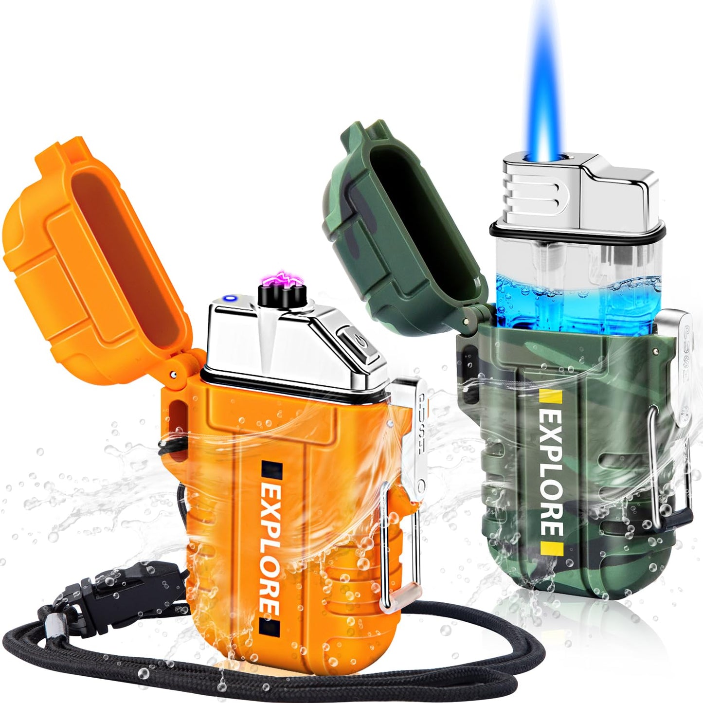 LcFun 2 Pack Waterproof Outdoor Lighter, Windproof Torch Lighters Butane Refillable, Electric Dual Arc Plasma Lighter USB Rechargeable, Tactical Survival Gear Gadgets for Men for Camping, Hiking