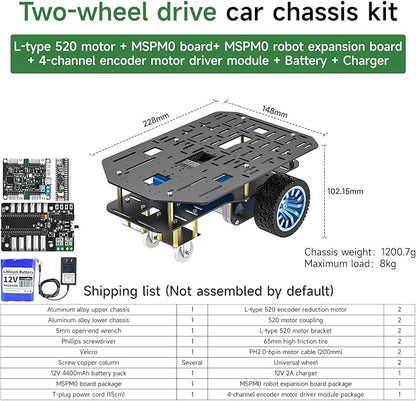 Yahboom Smart Chassis Car 2WD Kit with 520 Encoder MotorAluminum Alloy Framewith Expansion Board Driverfor DIY Educational Robot Car Kit(Unassembled) with Battery