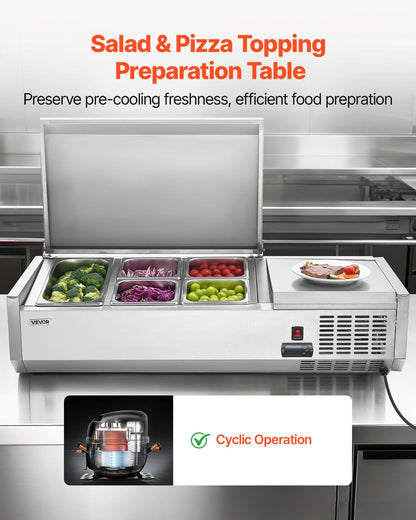 VEVOR Refrigerated Condiment Prep Station, 120 W Countertop Refrigerated Condiment Station, with One 1/3 Pan & Four 1/6 Pans, 304 Stainless Body and PC Lid, Sandwich Prep Table with Stainless Guard