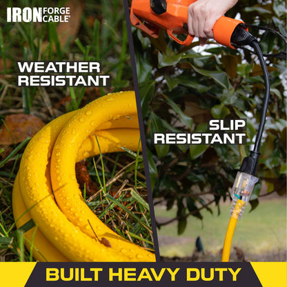 Iron Forge Cable 10 AWG Extension Cord 50 ft with Heavy Duty Extension Cord Reel Metal Stand, Holds Up to 100 ft of Extension Cord - 3 Prong Yellow with Lighted Ends SJTW