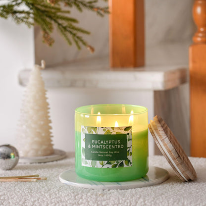 Eucalyptus & Mint Scented Candle - 3 Wicks 14 oz Soy Wax Candle, Christmas Relaxing Gift for Women and Men, Aromatherapy Candles for Stress Relief, Meditation, Yoga, SPA