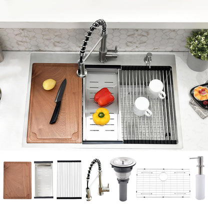 WMXQX Drop In Kitchen Sink, 33x22 Kitchen Sink with Faucet Stainless Steel Top Mount Workstation Overmount Handmade Single Bowl Deep Sink with Cutting Board&Soap Dispenser