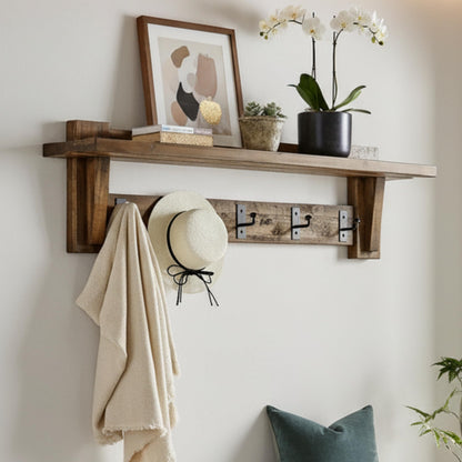 Alaterre Furniture Durango 60 Inch Solid Wood Entryway Organizer - Rustic Industrial Farmhouse Wall Mounted Coat Rack with Shelf and 5 Black Metal Hooks for Mudroom, & Living Room (Natural)